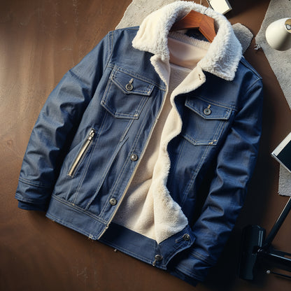 Men’s Winter Fleece-Lined Denim Jacket – Korean Trend Loose Fit
