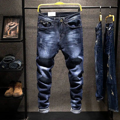 Men's Slim-Fit Ripped Straight Jeans – Elastic Denim, Korean Style Fashion