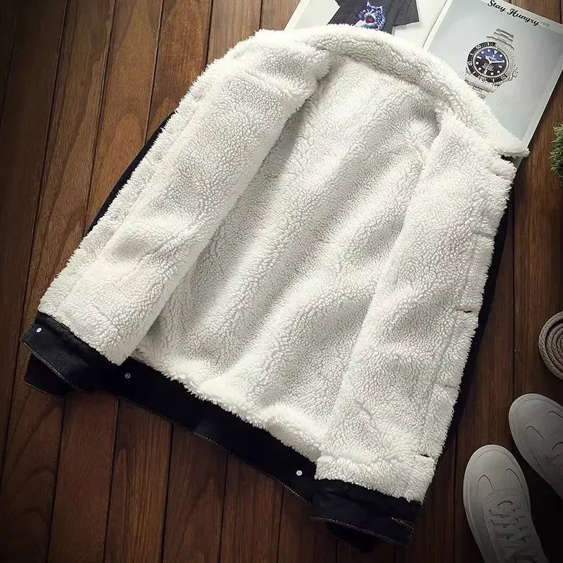 Men’s Winter Fleece-Lined Denim Jacket – Korean Trend Loose Fit